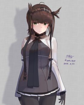 Rule 34 | 1girl, absurdres, black bodysuit, black headband, black neckerchief, black skirt, blush, bodysuit, breasts, brown hair, brown neckerchief, clothes writing, commentary request, cowboy shot, dated, gloves, grey background, hachimaki, hair flaps, hatsuzuki (kancolle), hatsuzuki kai ni (kancolle), headband, highres, kantai collection, looking at viewer, medium breasts, neckerchief, pleated skirt, short hair, shrug (clothing), skirt, solo, white shrug, yellow eyes, yuushou