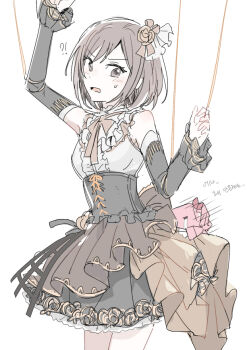 Rule 34 | !?, 1girl, 1other, = =, akiyama mizuki, annoyed, arm up, armpit crease, bare shoulders, black corset, black skirt, black sleeves, breasts, brown eyes, brown flower, brown hair, brown ribbon, brown rose, center frills, commentary, corset, crinoline, crying, detached sleeves, flower, frilled corset, frilled skirt, frilled sleeves, frills, gold trim, hair flower, hair ornament, hand up, kaesmedubu, korean text, layered skirt, light blush, looking to the side, medium breasts, motion lines, neck ribbon, official alternate costume, open mouth, project sekai, puppet strings, ribbon, rose, shinonome ena, shirt, short hair, skirt, streaming tears, tears, tofu (project sekai), toraware no marionette (project sekai), translation request, upper body, white background, white shirt