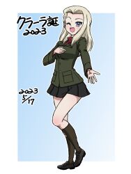 Rule 34 | 1girl, 2023, ;d, birthday, black footwear, black skirt, black socks, blonde hair, blue background, blue eyes, character name, clara (girls und panzer), commentary, dated, full body, girls und panzer, green jacket, hand on own chest, jacket, loafers, long hair, long sleeves, looking at viewer, miniskirt, one eye closed, open mouth, pleated skirt, pravda school uniform, reaching, reaching towards viewer, red shirt, school uniform, shirt, shoes, skirt, smile, socks, solo, standing, takahashi kurage, translated, turtleneck