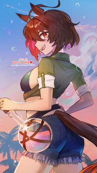 1girl agnes_tachyon_(lunatic_lab)_(umamusume) agnes_tachyon_(umamusume) ahoge animal_ears ass bikini black_bikini breasts brown_hair chocojax commentary denim denim_shorts english_commentary flask green_jacket hair_between_eyes highres horse_ears horse_girl horse_tail jacket large_breasts looking_at_viewer official_alternate_costume open_clothes open_mouth outdoors palm_tree pink_sky red_eyes round-bottom_flask short_hair short_sleeves shorts sideboob sky smile solo swimsuit tail teeth tied_jacket tree umamusume upper_teeth_only