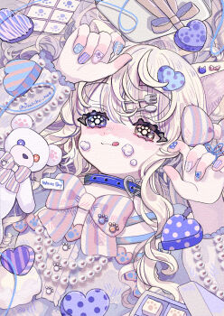 1girl animal_ears blonde_hair bow cat_ears collar commentary_request food hair_ornament hairclip heart heart_hair_ornament heterochromia highres long_hair long_sleeves lying nail_polish original sensitive solo stuffed_animal stuffed_toy teddy_bear tongue tongue_out usahiko_noe yellow_eyes