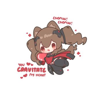 Rule 34 | 1girl, :d, absurdres, angelina (arknights), animal ears, arknights, arknights: endfield, black thighhighs, blush, brown hair, chibi, coat, commentary, decrilus, english commentary, english text, fox ears, fox girl, fox tail, full body, gilberta (arknights), heart, high collar, highres, holding, holding heart, long hair, long sleeves, no nose, open clothes, open coat, open mouth, red coat, red eyes, simple background, smile, solo, tail, thighhighs, twintails, valentine, white background