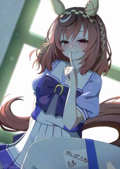 1girl 1other absurdres animal_ears blush bow bowtie box braid breasts brown_hair buena_vista_(umamusume) checkered_hairband commentary_request finger_to_mouth gift gift_box hair_between_eyes hair_ornament hairband headband highres holding holding_gift horse_ears horse_girl horse_tail looking_at_viewer medium_hair open_mouth puffy_short_sleeves puffy_sleeves purple_bow purple_bowtie purple_eyes purple_shirt sailor_collar sailor_shirt school_uniform shirt short_sleeves skirt smile solo_focus tail terumasa_(amanoy) tracen_school_uniform umamusume white_sailor_collar white_skirt