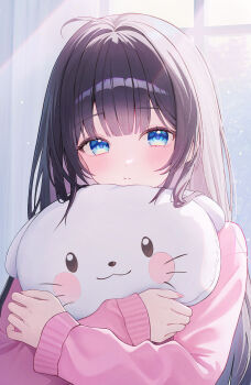 1girl black_hair blue_eyes blush closed_mouth commentary_request day funii highres hugging_object indoors long_hair long_sleeves looking_at_viewer pink_sweater shirayuki_hina sleeves_past_wrists solo stellive sunlight sweater upper_body very_long_hair virtual_youtuber window