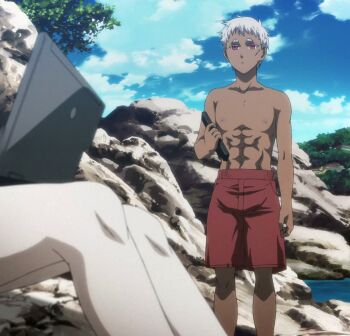 1boy abs anime_screenshot computer dark_skin johnathan_mar jormungand_(manga) laptop male_focus red_eyes shorts stitched third-party_edit topless_male