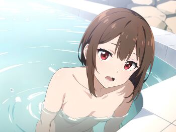 1girl arms_at_sides bath bathing breasts brown_hair close-up collarbone commentary completely_nude convenient_censoring day head_tilt highres kono_subarashii_sekai_ni_shukufuku_wo! leaning_forward loli looking_at_viewer marusankaku megumin navel no_nipples nude nudist onsen open_mouth out-of-frame_censoring outdoors partially_submerged red_eyes ripples short_hair short_hair_with_long_locks sidelocks small_breasts solo stone_floor upper_body water
