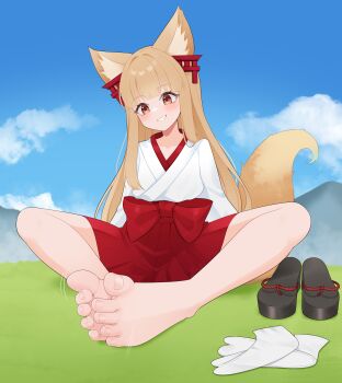 1girl absurdres animal_ears barefoot blush brown_eyes brown_hair feet fox_ears fox_tail geta grin highres japanese_clothes long_hair miko oshiro_project:re senko_(oshiro_project) shoes smile socks soles tabi tail toes unworn_shoes unworn_socks wl217_(nicexa111)