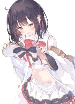 Rule 34 | 1girl, animal ears, black hair, commentary, granblue fantasy, highres, navel, open mouth, red eyes, shirt, skirt, ukiwakisen, vikala (granblue fantasy), white background, white shirt, white skirt