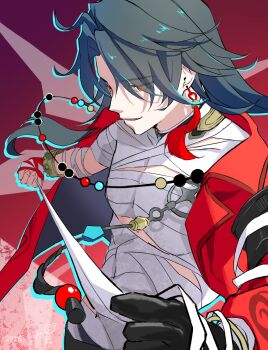 1boy absurdres ahoge bandages blade_(elation)_(honkai:_star_rail) blade_(honkai:_star_rail) blue_hair bracelet commentary_request cross3120 double-parted_bangs earrings gloves highres honkai:_star_rail honkai_(series) jacket jewelry long_hair male_focus necklace open_clothes red_eyes signature single_earring single_glove smile stretching tassel toned toned_male very_long_hair