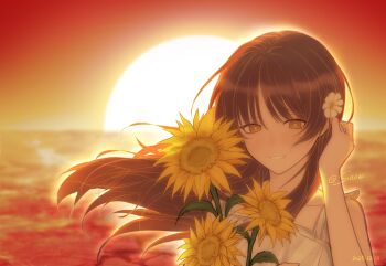 Rule 34 | 1girl, absurdres, adjusting hair, backlighting, bare arms, brown hair, commentary, flower, grin, hair flower, hair ornament, highres, holding, holding flower, long hair, looking at viewer, portrait, saihate eki, sleeveless, smile, snow (snow5051009), solo, sunflower, sunset, symbol-only commentary, tenjiku aoi, white flower, yellow flower