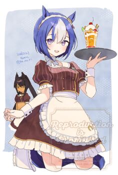 Rule 34 | 2girls, animal ears, apron, black hair, blue eyes, blue hair, blush, braid, breasts, brown shirt, brown skirt, cesario (umamusume), coco's, commentary request, cropped shirt, crown braid, dark-skinned female, dark skin, food, hair between eyes, holding, holding tray, horse ears, horse girl, horse tail, koruri, long hair, looking at viewer, medium breasts, midriff, multicolored hair, multiple girls, navel, open mouth, parfait, ponytail, puffy short sleeves, puffy sleeves, purple eyes, shirt, short hair, short sleeves, skirt, smile, symboli kris s (umamusume), tail, tray, umamusume, waist apron, white apron, white hair, white wrist cuffs, wrist cuffs