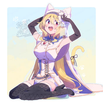 Rule 34 | 1girl, :d, animal ear headwear, animal ears, armpits, arms up, bare shoulders, black boots, blonde hair, blush, boots, breasts, cat ears, cat girl, cat tail, commentary request, dress, fake animal ears, full body, hair between eyes, kemonomimi mode, lace-up boots, large breasts, long hair, magia record: mahou shoujo madoka magica gaiden, mahou shoujo madoka magica, open mouth, outline, red eyes, ribbon, serizawa serizane, sleeveless, sleeveless dress, smile, solo, sweat, tail, tail ornament, tail ribbon, thigh boots, thighhighs, thighhighs under boots, togame momoko, veil, watermark, white dress, white outline, white thighhighs, white veil