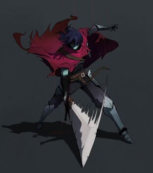1other aged_up armor attack_trail belt blue_hair blue_skin cape colored_skin commentary deltarune english_commentary facial_hair full_body gauntlets goatee_stubble greaves hair_over_one_eye highres holding holding_sword holding_weapon kris_(dark_world)_(deltarune) kris_(deltarune) looking_at_viewer mechamichal medium_hair other_focus puppet_strings red_cape red_eyes sabaton shaded_face shadow shoulder_strap solo stubble sword torn_cape torn_clothes utdr_(toby_fox) weapon