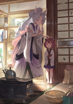 2girls :o animal_ear_fluff animal_ears bag basket blush box brown_hair cardboard_box child dress fox_ears hair_bobbles hair_ornament headgear height_difference highres holding holding_marker holding_pen indoors japanese_clothes kimono ladder long_hair long_sleeves looking_at_another looking_down looking_up marker measuring multiple_girls obi open_mouth orange_eyes paper_bag parted_bangs parted_lips pen ponytail purple_eyes purple_skirt sash shawl shelf siblings sidelocks sisters skirt slice_of_life smile socks stepladder stove teapot teeth timer touhoku_itako touhoku_kiritan upper_teeth_only very_long_hair voiceroid white_dress white_hair white_kimono white_socks wide_sleeves yamamomo_(plank)