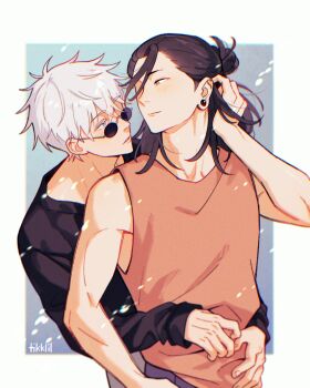 Rule 34 | 2boys, arm up, arms around waist, black hair, black shirt, blue eyes, brown eyes, closed mouth, commentary, cowboy shot, earrings, english commentary, eye contact, getou suguru, gojou satoru, hair bun, highres, jewelry, jujutsu kaisen, long hair, long sleeves, looking at another, male focus, multiple boys, orange shirt, piercing, plug (piercing), rimless eyewear, shirt, short sideburns, sideburns, sleeveless, sleeveless shirt, stud earrings, sunglasses, tikklil, white hair, yaoi