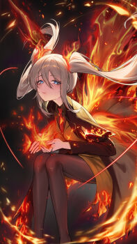 1girl absurdres ardor_blossom_star_(e.g.o) black_background black_pantyhose black_shirt blue_eyes blue_pupils collared_shirt commentary e.g.o_(project_moon) eyelashes faust_(project_moon) fire hair_between_eyes highres holding_flame limbus_company looking_at_viewer necktie pantyhose project_moon red_necktie shirt solo twintails white_hair zerobig