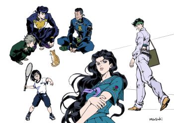 1girl 5boys bandaid bandaid_on_face bandaid_on_nose black_hair blue_serafuku cat commentary_request crop_top diamond_wa_kudakenai earrings frown gakuran green_headband hazamada_toshikazu headband heart higashikata_josuke hirose_koichi holding holding_tennis_racket indian_style jewelry jojo_no_kimyou_na_bouken kishibe_rohan long_hair midriff multiple_boys musubi_(livnehe) nijimura_okuyasu official_style pompadour purple_eyes school_uniform serafuku shirt shoes sitting smile sneakers squatting t-shirt tennis_racket very_long_hair wavy_hair white_shirt yamagishi_yukako