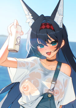 1girl :d alcohol animal_ear_fluff animal_ears aqua_eyes arknights arm_up bare_shoulders beer beer_can black_choker black_hair blaze_(arknights) blush breasts can choker collarbone commentary covered_erect_nipples day drink drink_can ett hair_between_eyes hair_intakes hairband highres holding holding_can holding_drink large_breasts lens_flare long_hair nipples off_shoulder open_mouth outdoors red_hairband see-through_clothes shirt short_sleeves smile solo sunlight t-shirt upper_body wet wet_clothes white_shirt