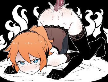 akableak all_fours ass_freckles black_background black_gloves black_thighhighs blue_eyes blush body_freckles bright_pupils charlotte_(akableak) closed_mouth elbow_gloves freckles full_body gloves highres nose_blush orange_hair original ponytail sex tentacle_sex tentacles thighhighs top-down_bottom-up white_pupils