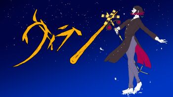 Rule 34 | 1boy, asymmetrical bangs, black hair, black jacket, blue background, bonnouji (kanikamapurin), buttons, closed eyes, coattails, colored skin, colored tips, commentary request, demon boy, enmu (kimetsu no yaiba), facial mark, fangs, flat color, from side, full body, gradient background, grey pants, highres, holding, invisible floor, jacket, kimetsu no yaiba, long sleeves, male focus, medium hair, multicolored hair, open mouth, outstretched arm, pants, pinstripe pants, pinstripe pattern, profile, shoes, smile, solo, song name, star (sky), starry sky background, suit jacket, tailcoat, tears facial mark, trap, undershirt, villain (vocaloid), walking, white shoes, white skin