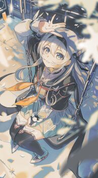 1girl absurdres arm_up arms_up cropped_jacket firefly_(honkai:_star_rail) from_above full_body grey_hair hair_between_eyes hair_ornament hair_ribbon hairband highres honkai:_star_rail honkai_(series) long_hair long_sleeves looking_at_viewer neckerchief on_swing orange_neckerchief outdoors ribbon sitting smile solo swing swing_set thighhighs vespark