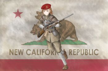 1girl armor bandaged_arm bandages bear beret bolt_action breastplate brown_eyes brown_hair canteen crossover drawfag fallout:_new_vegas fallout fallout_2 female_focus fingerless_gloves flag gloves gun hat highres military military_uniform misaka_imouto new_california_republic pouch rifle scope short_hair sniper sniper_rifle solo toaru_kagaku_no_railgun toaru_majutsu_no_index weapon