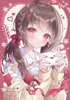 Rule 34 | 1girl, blush, bow, breasts, brown hair, candy, candy cane, cardigan, closed mouth, collared shirt, commentary request, food, frilled shirt collar, frills, gingerbread man, hair between eyes, hair bow, hair ornament, heart, highres, holding, holding letter, kohinata hoshimi, letter, long hair, long sleeves, looking at viewer, original, red bow, red eyes, red ribbon, red sweater vest, ribbon, round collar, shirt, smile, snowman, solo, sweater vest, twintails, upper body, white shirt, x hair ornament