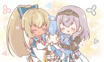 3girls :d ^_^ aged_down ahoge armor black_gloves blue_bow blue_hair blue_jacket blue_skirt blush_stickers boots bow braid breasts brown_boots brown_eyes brown_hair cleavage cleavage_cutout closed_eyes closed_mouth clothing_cutout commentary_request dark-skinned_female dark_skin elf finger_to_mouth fingerless_gloves frilled_skirt frills fur-trimmed_boots fur-trimmed_jacket fur-trimmed_sleeves fur_trim gloves grey_hair hair_bow headpiece heart heart_ahoge highres hololive jacket large_breasts long_hair long_sleeves mitarashi_neko multicolored_hair multiple_girls open_mouth outline pauldrons pleated_skirt pointy_ears ponytail shiranui_flare shiranui_flare_(1st_costume) shirogane_noel shirogane_noel_(1st_costume) shoulder_armor skirt smile streaked_hair thighhighs thighhighs_under_boots very_long_hair virtual_youtuber white_outline white_thighhighs wide_sleeves yukihana_lamy yukihana_lamy_(1st_costume)