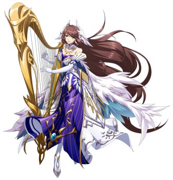 1girl ashemar_(langrisser) bare_shoulders blue_gemstone breasts brown_hair cleavage crossed_legs detached_collar dress elbow_gloves evening_gown feather_cape feather_hair_ornament feathers floating_cape floating_clothes floating_hair flower formal_clothes full_body game_cg gem gloves gold_necklace gold_trim gown green_eyes hair_ornament harp highres holding holding_harp holding_instrument huge_breasts instrument jewelry langrisser langrisser_mobile layered_dress long_dress long_hair looking_at_viewer messy_bangs mole mole_under_eye multicolored_dress music neck_flower necklace official_alternate_costume official_art parted_lips playing_instrument purple_dress purple_trim rose second-party_source shoes simple_background smile solo standing striped_clothes striped_dress tachi-e transparent_background vertical-striped_clothes vertical-striped_dress very_long_hair white_dress white_flower white_gloves white_rose white_shoes