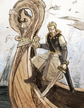 1boy aberdeenport armor askeladd bird black_armor blonde_hair boat boots breastplate brown_boots facial_hair goatee grey_shirt hair_slicked_back hashtag-only_commentary highres holding holding_sword holding_weapon male_focus mature_male on_boat rope shirt short_hair solo sword viking vinland_saga watercraft weapon