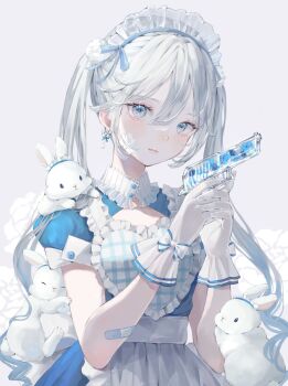 Rule 34 | 1girl, absurdres, apron, bandaid, bandaid on arm, bandaid on cheek, bandaid on face, blue dress, blue eyes, blue ribbon, blush, bow, cleavage cutout, clothing cutout, commentary request, dress, ear ornament, flower, frilled dress, frills, gloves, hair between eyes, hair bow, hands up, highres, holding, holding water gun, lips, long hair, looking at viewer, maid apron, maid headdress, original, powa (36iii), puffy short sleeves, puffy sleeves, rabbit, ribbon, rose, see-through clothes, see-through gloves, short sleeves, sidelocks, simple background, twintails, upper body, very long hair, water gun, white background, white bow, white flower, white gloves, white hair, white rose, white theme