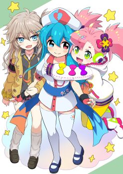 3girls absurdres ahoge amehare_hau black_shirt blue_eyes blue_hair blush boots breasts brown_hair cardigan closed_mouth collared_shirt dress fang fingerless_gloves gloves green_eyes hair_ornament haruka_nana hat headphones heterochromia highres hood hood_down hoodie hug kasukabe_tsumugi long_hair long_sleeves looking_at_viewer loose_necktie loose_socks mole mole_under_eye multicolored_hair multiple_girls necktie nurse_cap open_cardigan open_clothes open_mouth orange_hair pantyhose pink_hair plaid_clothes plaid_skirt pokemoa puffy_short_sleeves puffy_sleeves red_eyes shirt shoes short_sleeves skin_fang skirt smile socks star_(symbol) thighhighs twintails voicevox white_boots white_dress white_hoodie white_thighhighs yellow_cardigan yellow_necktie yellow_pantyhose