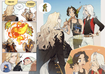 1girl 5boys ? ^_^ absurdres aged_down aged_up alucard_(castlevania) baby beard belt bible_(object) black_cape black_coat black_gloves black_hair black_shirt black_tank_top blonde_hair blue_cloak blue_eyes blue_gem book bracelet brown_belt cape carrying carrying_baby carrying_person castlevania:_harmony_of_dissonance castlevania:_symphony_of_the_night castlevania_(series) castlevania_iii:_dracula's_curse chinese_commentary chinese_text cloak closed_eyes coat comic_inset commentary facial_hair finger_grab fire gem gloves gold_bracelet headband highres holding holding_book holding_sword holding_weapon hood hooded_cloak jewelry juste_belmont long_hair magic male_focus maxim_kischine mintha410 multiple_boys mustache on_one_knee orange_hair pants ponytail pyrokinesis red_gemstone red_vest shirt silver_bracelet simon_belmont spoken_character sprite sweatdrop sword sypha_belnades tank_top thinking translation_request trevor_c._belmont v vest weapon white_hair white_pants yellow_eyes