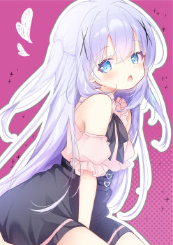 1girl :o belt between_legs black_belt black_ribbon black_skirt blue_eyes blush casual clothing_cutout cowboy_shot frilled_shirt frilled_sleeves frills from_side fukaya_rin gochuumon_wa_usagi_desu_ka? hair_between_eyes hair_ornament hand_between_legs head_tilt heart heart_belt_buckle high-waist_skirt highres kafuu_chino long_hair looking_at_viewer miniskirt neck_ribbon open_mouth outline puffy_short_sleeves puffy_sleeves purple_background purple_hair ribbon shirt short_sleeves shoulder_cutout sitting skirt solo sparkle two_side_up very_long_hair white_outline x_hair_ornament