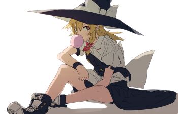 Rule 34 | 1girl, black boots, black skirt, black vest, blonde hair, blowing bubble gum, boots, bow, braid, chewing gum, commentary request, hat, hitogome, kirisame marisa, long hair, looking at viewer, red bow, shadow, shirt, short sleeves, side braid, simple background, sitting, skirt, solo, touhou, vest, white background, white bow, white shirt, witch hat