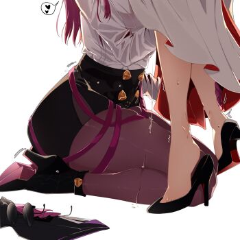 2girls absurdres belazarts black_shorts dress heart high-waist_shorts high_heels highres himeko_(honkai:_star_rail) honkai:_star_rail honkai_(series) implied_cunnilingus implied_sex kafka_(honkai:_star_rail) multiple_girls pantyhose purple_hair purple_pantyhose seiza shirt shorts sitting spoken_heart suggestive_fluid sunglasses thigh_strap white_dress white_shirt yuri