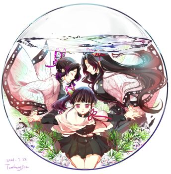 3girls air_bubble artist_name belt black_dress black_hair bubble butterfly_hair_ornament closed_eyes closed_mouth dated dress fishbowl full_body hair_ornament highres holding_hands japanese_clothes kimetsu_no_yaiba kimono kneeling kochou_kanae kochou_shinobu long_hair long_sleeves looking_at_viewer multiple_girls open_clothes open_kimono parted_lips pink_kimono pleated_dress profile purple_eyes seaweed short_hair side_ponytail simple_background tomkureson tsuyuri_kanao water white_background wide_sleeves