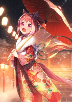 1girl :d animal_ears architecture bow commentary_request ear_bow ear_covers east_asian_architecture feet_out_of_frame floral_print floral_print_kimono flower-shaped_pupils green_ribbon hair_intakes hair_ornament haru_urara_(umamusume) highres holding holding_umbrella horse_ears horse_girl horse_tail japanese_clothes kanzashi kimono lantern long_sleeves mochiusasa obi oil-paper_umbrella open_mouth outdoors pink_eyes pink_hair pink_kimono print_kimono red_bow red_umbrella ribbon sash shrine smile snowing solo symbol-shaped_pupils tail tsumami_kanzashi umamusume umbrella white_sash