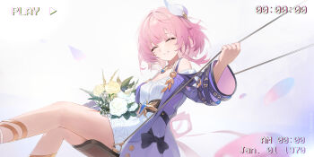 1girl absurdres berserker_r chinese_commentary closed_eyes coat commentary_request cyrene_(honkai:_star_rail) cyrene_(philia093)_(honkai:_star_rail) dress flower highres holding holding_flower honkai:_star_rail honkai_(series) medium_hair on_swing open_clothes open_coat pink_hair pointy_ears purple_coat recording sitting smile solo swing swinging_on_swing white_dress