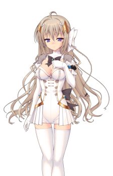 Rule 34 | 1girl, ahoge, black bow, blue eyes, bow, bowtie, braid, breasts, brown hair, cleavage, dress, elbow gloves, game cg, genseishinki sacred virth, gloves, hair bow, hair ornament, hand on own chest, jewelry, large breasts, large variant set, long hair, looking at viewer, magical girl, mole, non-web source, official art, purple eyes, sacred claire, self-datamine, short dress, solo, standing, thighhighs, tierna aeride throne, transparent background, variant set, white bow, white dress, white gloves, white thighhighs, yuugure pairo, zettai ryouiki