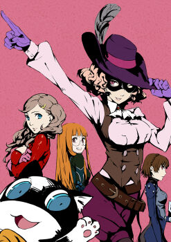 10s 4girls blonde_hair blue_eyes braid brown_eyes brown_hair club3 crown_braid glasses highres long_hair mask morgana_(persona_5) multiple_girls niijima_makoto noir_(persona_5) okumura_haru oracle_(persona_5) orange_hair panther_(persona_5) persona persona_5 queen_(persona_5) red_eyes sakura_futaba short_hair takamaki_anne twintails underbust