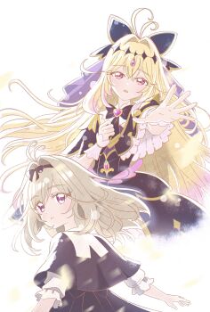 Rule 34 | 1girl, ahoge, antenna hair, black bow, black bowtie, black capelet, black dress, black ribbon, blonde hair, blush, bow, bowtie, brooch, brown hair, capelet, collar, commentary, cure arcana shadow, diamond hairband, dress, earrings, frilled cuffs, frilled sleeves, frills, from behind, gem, hair intakes, hair ornament, hair ribbon, half-closed eyes, hand on own chest, hashtag-only commentary, heart, heart brooch, highres, jewelry, light particles, long hair, looking at viewer, looking back, magical girl, medium hair, meitantei precure!, moria luluka, multicolored hair, multiple girls, multiple views, neck ribbon, open mouth, precure, purple eyes, purple veil, reaching, reaching towards viewer, ribbon, short sleeves, two-tone hair, veil, very long hair, white background, white collar, wonderful tanaka