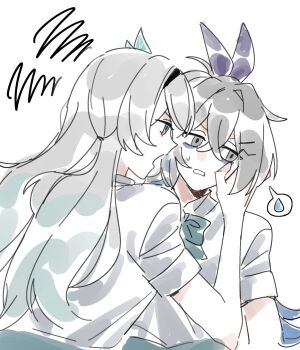 2girls ahoge alternate_costume aqua_bow aqua_bowtie aqua_eyes aqua_hair bags_under_eyes black_hairband blue_hair bow bowtie crossed_bangs drill_hair firefly_(honkai:_star_rail) from_behind gradient_hair grey_eyes grey_hair hair_between_eyes hair_ornament hair_ribbon hairband hairclip hairpin hand_on_own_face hand_up hashtag-only_commentary high_ponytail highres honkai:_star_rail honkai_(series) kabokwa leaf_hair_ornament long_hair looking_at_another looking_to_the_side multicolored_eyes multicolored_hair multiple_girls open_mouth pink_eyes ponytail puffy_short_sleeves puffy_sleeves purple_ribbon ribbon school_uniform shirt short_sleeves silver_wolf_(honkai:_star_rail) simple_background squiggle sweatdrop teeth upper_body wavy_hair white_background white_shirt