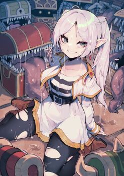 1girl capelet crossover dark_souls_(series) dragon_quest drooling dungeon_meshi elf frieren frieren_stuck_in_a_mimic_(meme) glowing glowing_eyes highres looking_at_viewer meme mimic mimic_(dark_souls) mimic_(dragon_quest) mimic_(ragnarok_online) mimic_chest monster multiple_crossover multiple_others pantyhose parororo pointy_ears ragnarok_online saliva sharp_teeth sitting smile sousou_no_frieren species_connection teeth tongue torn_clothes torn_pantyhose treasure_chest wariza wet wet_clothes wet_hair white_capelet white_hair