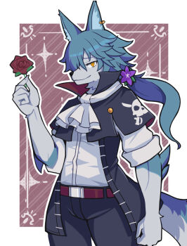 1boy animal_ear_fluff animal_ear_piercing animal_ears ascot belt black_capelet black_pants blue_hair border capelet character_request closed_mouth commentary copyright_request cowboy_shot dog_boy dog_ears dog_tail earrings flower high_collar highres holding holding_flower jewelry long_hair looking_at_viewer male_focus outline outside_border pants red_belt red_flower red_rose rose shirt short_sleeves single_earring smile snout suaman tail white_ascot white_border white_outline white_shirt yellow_eyes