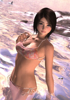 1girl 3d bikini blush breasts brown_eyes brown_hair cleavage female_focus hinemaru large_breasts panties realistic short_hair side-tie_bikini_bottom side-tie_panties solo swimsuit underwear water wet