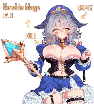 1girl ? absurdres apron belt belt_buckle black_belt black_bodice blue_collar blue_hat blue_skirt blue_sleeves blush breasts buckle closed_mouth collar commentary cowboy_shot detached_collar detached_sleeves dot_mouth double-parted_bangs english_commentary english_text frilled_apron frilled_sleeves frilled_thigh_strap frills grey_hair hair_between_eyes hat head_wings highres holding holding_staff large_breasts long_sleeves looking_at_viewer medium_hair miniskirt navel original pleated_skirt rayno simple_background skirt solo staff thigh_strap white_background wings yellow_eyes