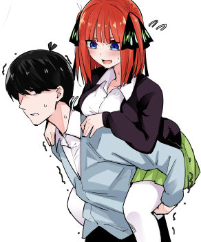 1boy 1girl absurdres antenna_hair black_cardigan black_eyes black_hair black_ribbon blue_eyes blunt_bangs blush breasts butterfly_hair_ornament cardigan carrying clenched_teeth commentary_request cowboy_shot dress_shirt embarrassed eyebrows_hidden_by_hair flying_sweatdrops from_side go-toubun_no_hanayome green_skirt hair_ornament hair_ribbon hands_on_another&#039;s_shoulders hetero highres large_breasts long_sleeves looking_at_another looking_at_viewer male_focus mame1645 medium_hair miniskirt nakano_nino nose open_cardigan open_clothes open_mouth pantyhose piggyback pleated_skirt red_hair ribbon school_uniform shirt short_hair simple_background skirt sleeves_past_wrists straight_hair sweat teeth trembling two_side_up uesugi_fuutarou v-shaped_eyebrows white_background white_pantyhose white_shirt