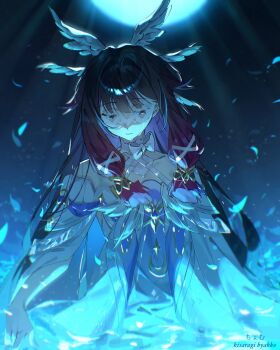1girl black_hair blue_light closed_eyes closed_mouth columbina_(genshin_impact) dark_background dress eye_mask genshin_impact glowing hair_ornament head_wings highres kisaragi_byakko long_hair mask moon multicolored_hair pink_hair solo streaked_hair two-tone_hair very_long_hair white_dress white_mask white_wings wings x-shaped_eyewear