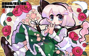 1girl black_bow black_bowtie black_hairband black_outline black_shoes blue_eyes blush bow bowtie branch cherry_blossoms collared_shirt dated flower frilled_skirt frills full_body green_skirt green_vest hairband hands_up harunori_(hrnrx) katana konpaku_youmu long_sleeves looking_at_viewer open_mouth outline own_hands_together pink_flower red_flower red_rose rose shirt shoes short_hair skirt socks solo sword sword_on_back touhou vest weapon weapon_on_back white_hair white_shirt white_socks